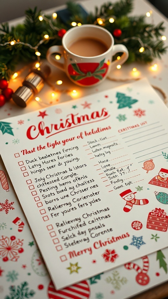Aesthetic Christmas list on decorative paper with colorful writing, stickers, and holiday decorations.